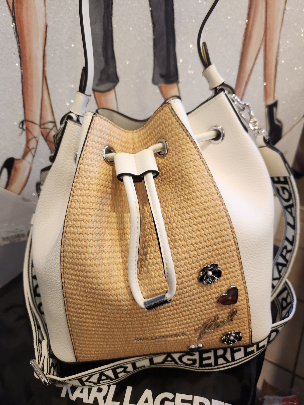 Karl Lagerfeld White & Natural Woven Drawstring Bucket Bag W Charms NWT